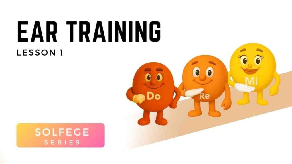 Cartoon solfège characters Do, Re, and Mi standing together and smiling, teaching pitch and hand signs to kids in Voice 360 GOLD Lesson 1.