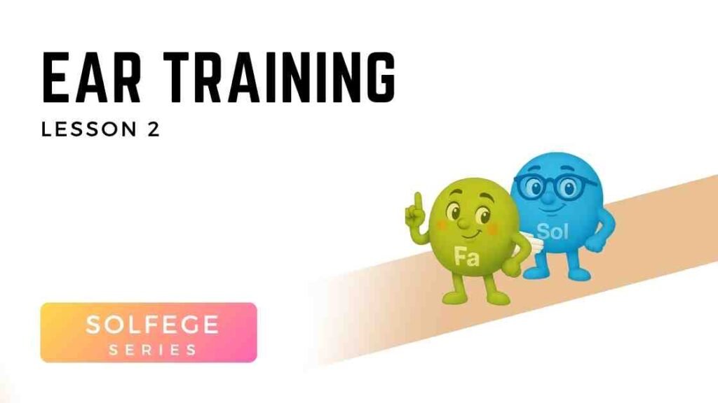 Cartoon solfège characters Fa and Sol smiling and posing, helping kids learn pitch and ear training in Voice 360 GOLD Lesson 2.