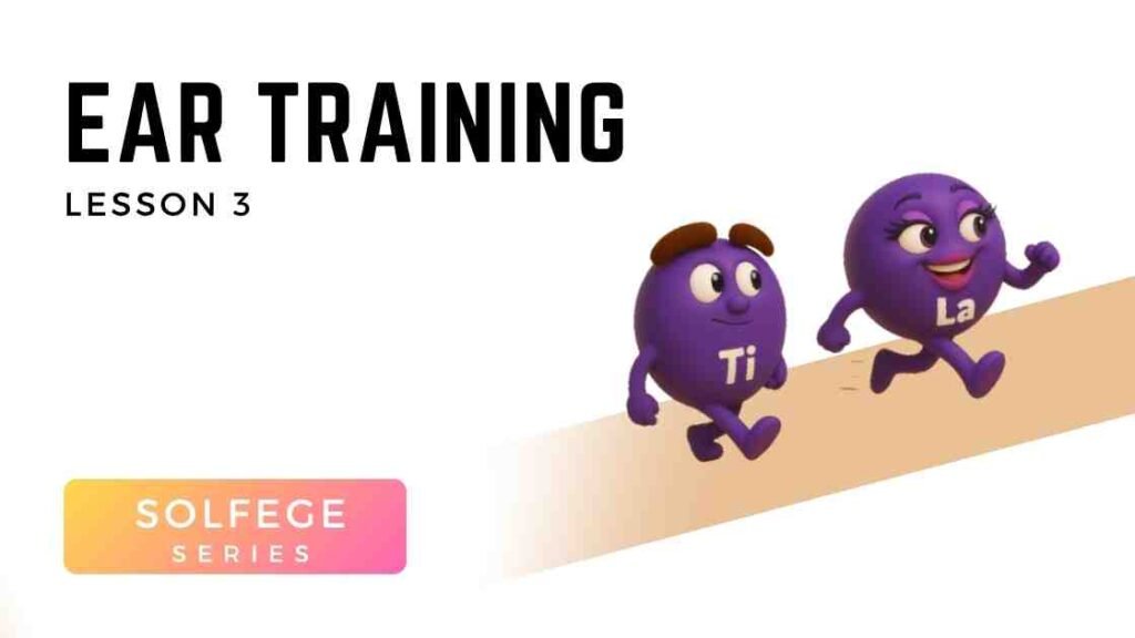 Cartoon solfège characters La and Ti running up the musical staircase, teaching kids pitch movement and ear training in Voice 360 GOLD Lesson 3.