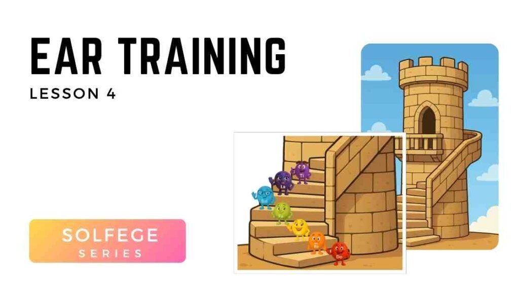 Cartoon solfège characters climb a castle staircase in order from Do to Ti, showing the full solfège scale in Voice 360 GOLD Lesson 4 for kids' ear training.