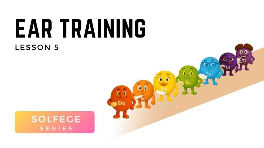 Cartoon solfège characters from Do to Ti stand in scale order on a rising path, helping kids sing the solfège scale forward and backward in Voice 360 GOLD Lesson 5.