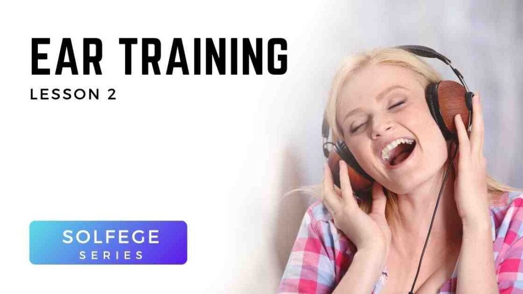 Smiling young woman sings joyfully into headphones while learning solfège, practicing Do, Re, and Mi in Voice 360 Blue and Green Lesson 2.