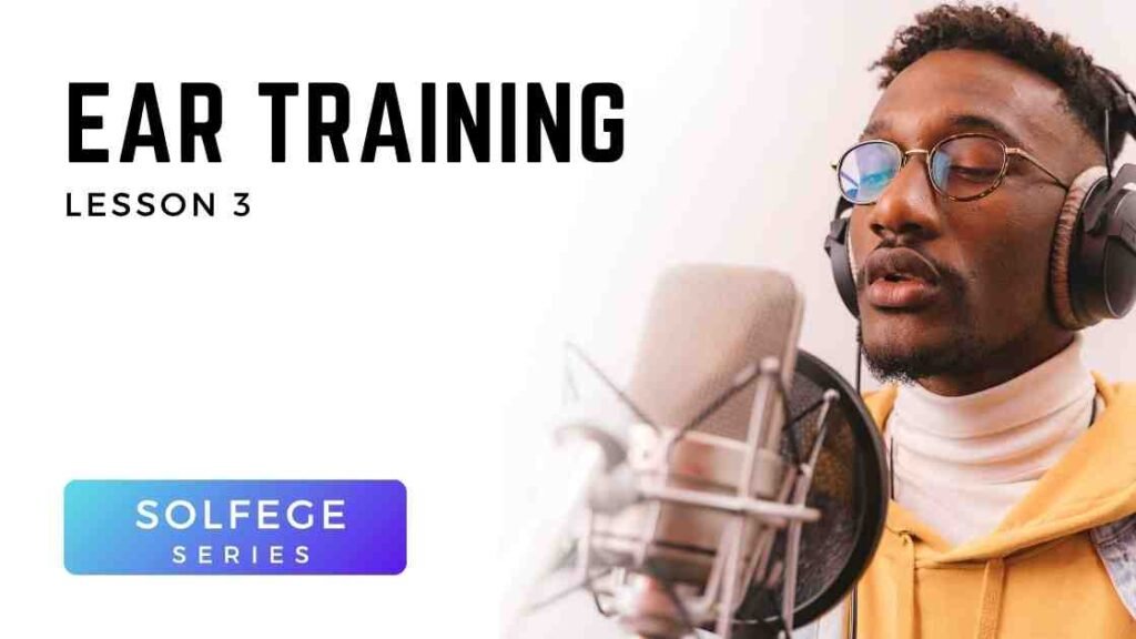 Focused young man sings into a microphone with headphones, practicing Fa and Sol in Voice 360 Blue and Green Lesson 3 to develop interval recognition and vocal strength.