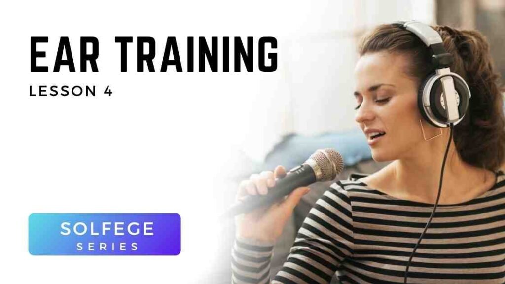 Woman in headphones singing into a microphone, practicing solfège intervals La and Ti in Voice 360 Blue and Green Lesson 4 on pitch resolution and melodic emotion.