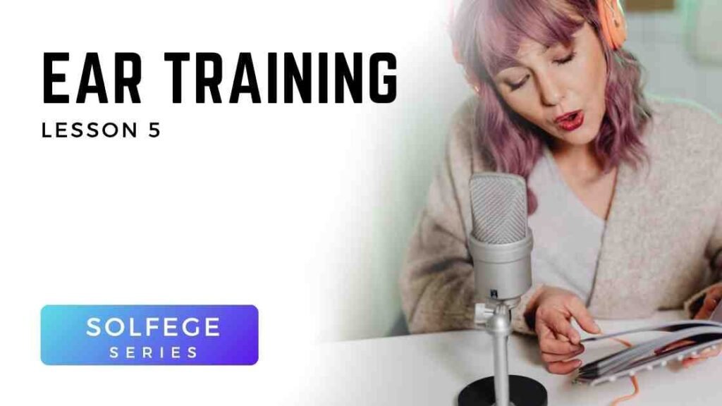 Focused young woman with purple hair sings into a microphone with headphones while reviewing the full solfège scale in Voice 360 Lesson 5 for pitch fluency and ear training.