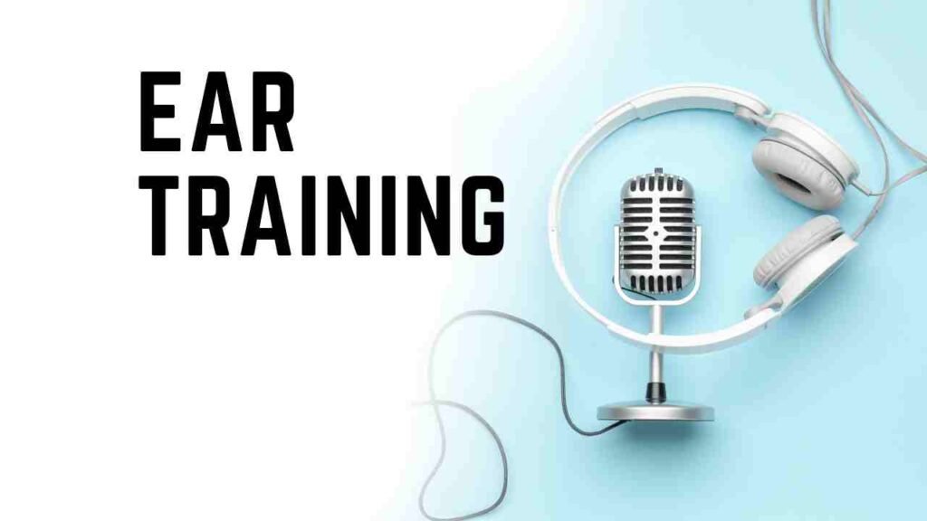 Studio microphone wrapped in white headphones on blue background, representing vocal ear training for all ages in the Voice 360 course series.